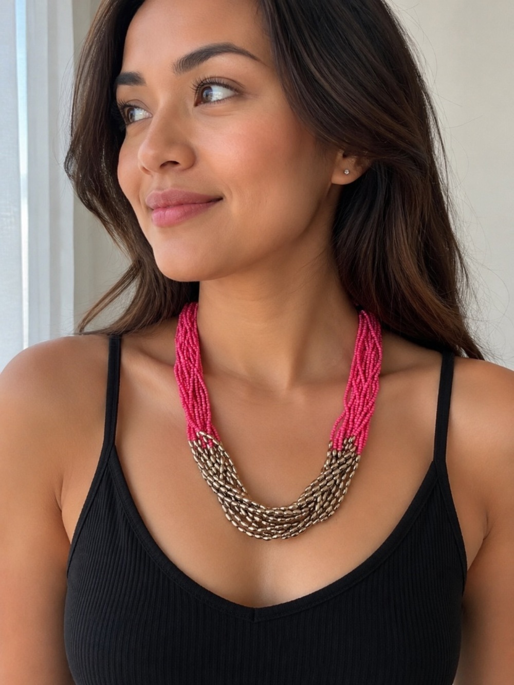 Pink & Gold Multi-Strand Seed Bead Statement Necklace | Adjustable Lobster Clasp - Picture 2 of 4